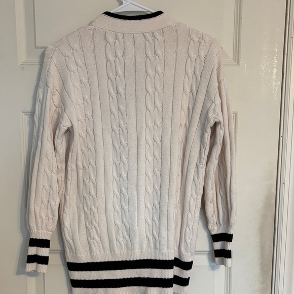LOFT Cream Ribbed Knit Button Cardigan with Black Trim - Picture 3 of 4